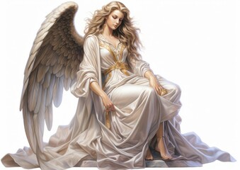 An angelic figure gracefully seated on a pristine white canvas