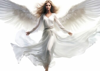 A woman in a white dress with white wings