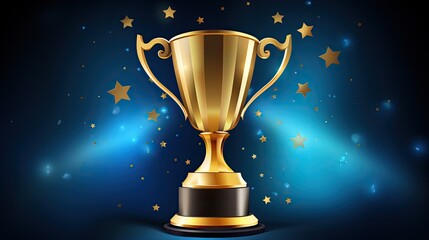 Champion Golden Trophy with Gold Stars on Blue Dark Background