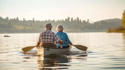 Foto op Canvas An elderly pair rowing a canoe on a serene lake © Fred