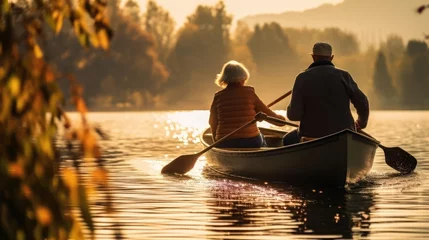 Foto op Canvas An elderly pair rowing a canoe on a serene lake © Fred