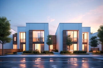 Modern modular private townhouses. Residential minimalist architecture exterior. A very modern neighborhood, late afternoon or morning shot