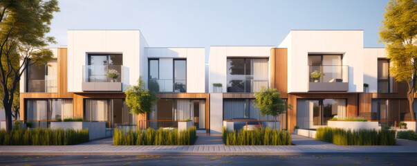 Fototapeta na wymiar Modern modular private townhouses. Residential minimalist architecture exterior. A very modern neighborhood, late afternoon or morning shot