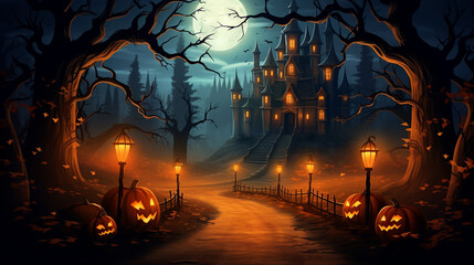 Jack 'o lantern in cemetery in spooky night with full moon   halloween