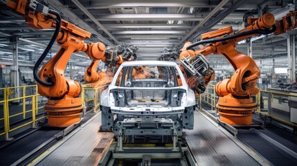 Robotic assembly line in an automotive factory. Generative AI