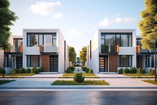 Modern modular private townhouses. Residential minimalist architecture exterior. A very modern neighborhood, late afternoon or morning shot