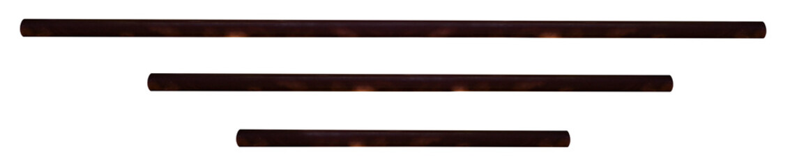 Horizontal old thick pipes of various sizes , painted brown , isolated on transparent background