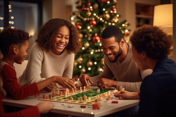 Family engaging in a lively game night beside the christmas tree