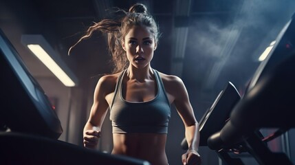 Fototapeta na wymiar Beautiful female athlete runner sprinter young woman running on a treadmill in the gym. Muscular, sportive girl. Concept of action, motion, calories, healthy lifestyle.
