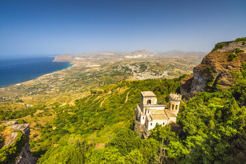 Scenic view from Erice town at sea coast with Torretta Pepoli chateau and monte Cofano in Sicily, Italy, Europe.
