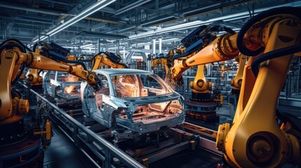 Robotic assembly line in an automotive factory. Generative AI