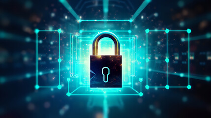 padlock symbolizing cybersecurity against the background visualization of links in data algorithms, information field on a dark background - obrazy, fototapety, plakaty