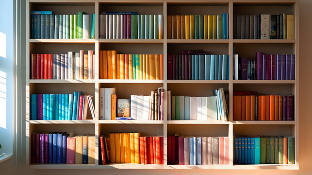 a bookshelf with colorful books, a wall-length shelf with paper books of all bright colors