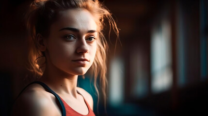 Fototapeta premium Portrait of female athlete runner sprinter young woman on the track at the stadium. Muscular, sportive girl. Action, motion, youth, healthy lifestyle. Copy space.