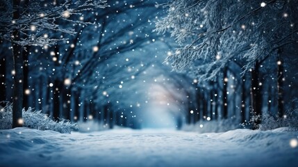 Frosty winter landscape in snowy forest Christmas background