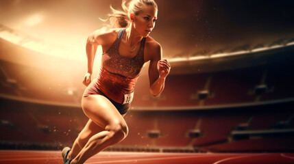 Female athlete runner sprinter young woman running, workout goal and exercise for wellness, sport and training. Cardio on the track at the stadium. Muscular, sportive girl. Healthy lifestyle. Speed - obrazy, fototapety, plakaty