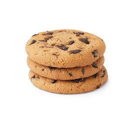 Tasty cookies with chocolate chips on white background