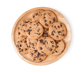 Plate of tasty cookies with chocolate chips on white background