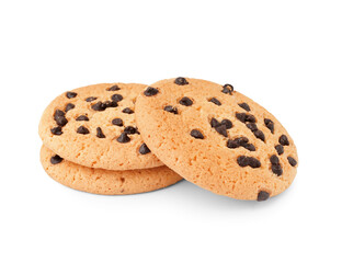 Tasty cookies with chocolate chips on white background