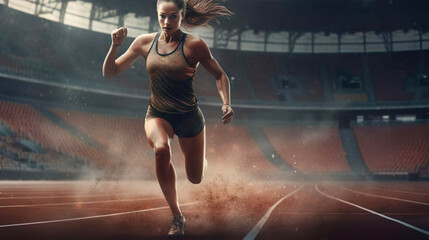 Female athlete runner sprinter young woman running, workout goal and exercise for wellness, sport and training. Cardio on the track at the stadium. Muscular, sportive girl. Healthy lifestyle. Speed