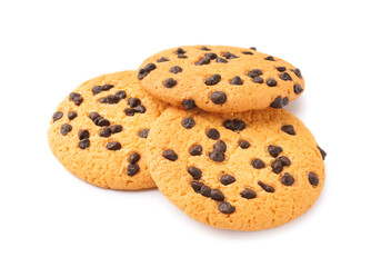 Tasty cookies with chocolate chips on white background