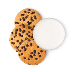 Glass of milk and tasty cookies with chocolate chips on white background