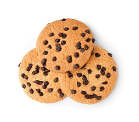 Tasty cookies with chocolate chips on white background