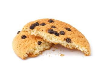 Tasty broken cookie with chocolate chips on white background