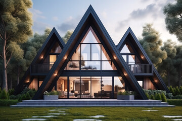 Modern residential suburban building A-frame architecture, a luminous triangular house with large windows at evening