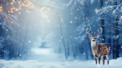 Joyful Reindeer in Snowy Forest Merry Christmas Background