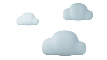 White clouds in cartoon style isolated on transparent and white background. Synoptic concept. 3D render