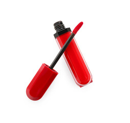 Stylish red lipstick with brush on white background