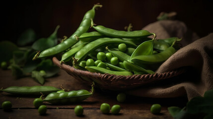 Fresh peas on black background. Created with Generative AI technology.