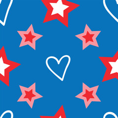 Red, white and blue seamless star and heart pattern
