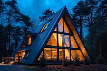 Fototapeta premium Modern residential suburban building A-frame architecture, a luminous triangular house with large windows at evening or night