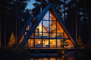 Modern residential suburban building A-frame architecture, a luminous triangular house with large windows at evening or night