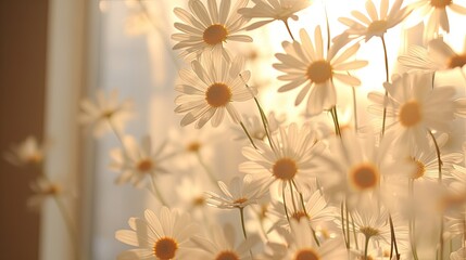 Blossoming daisies casting dainty silhouettes on a sheer curtain. - obrazy, fototapety, plakaty
