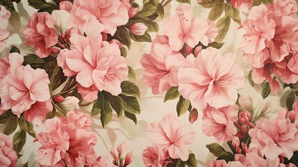 Freshly bloomed azaleas creating a picturesque scene on a silk tapestry. Floral wallpaper texture. 