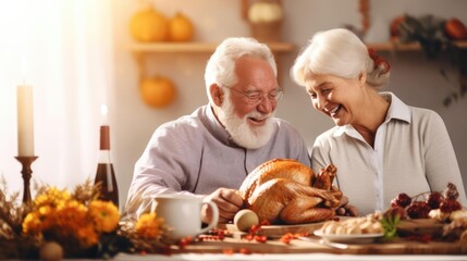 Senior Woman and Man Preparing Thanksgiving Turkey Together