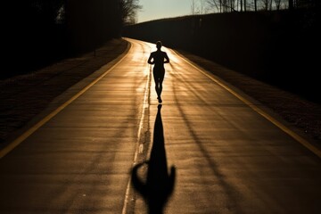 Runner's shadow cast on an empty road