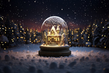 Beautiful Christmas snow globe on a winter tree background Generative AI