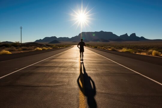 Runner's shadow cast on an empty road