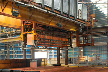 Detail of copper cathodes at an electrowinning plant in a copper mine in Chile.