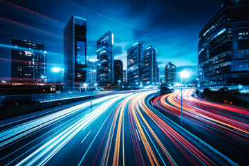 Long exposure photograph of a busy highway or main street in a modern or futuristic city - obrazy, fototapety, plakaty