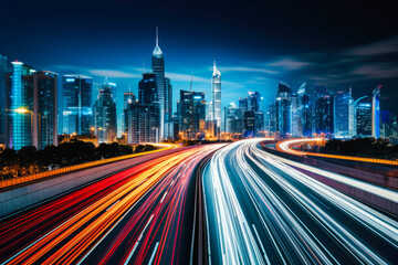 Fototapeta na wymiar Long exposure photograph of a busy highway or main street in a modern or futuristic city