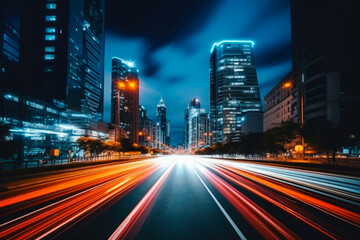 Long exposure photograph of a busy highway in a modern or futuristic city