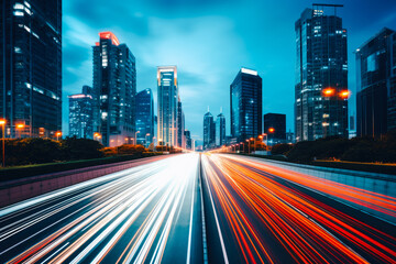 Fototapeta na wymiar Long exposure photograph of a busy highway or main street in a modern or futuristic city