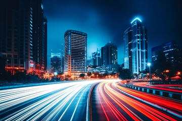 Fototapeta na wymiar Long exposure photograph of a busy highway in a modern or futuristic city