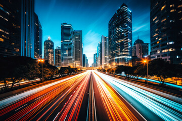 Long exposure photograph of a busy highway or main street in a modern or futuristic city - obrazy, fototapety, plakaty