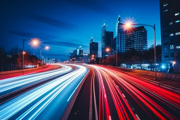 Fototapeta na wymiar Long exposure photograph of a busy highway in a modern or futuristic city